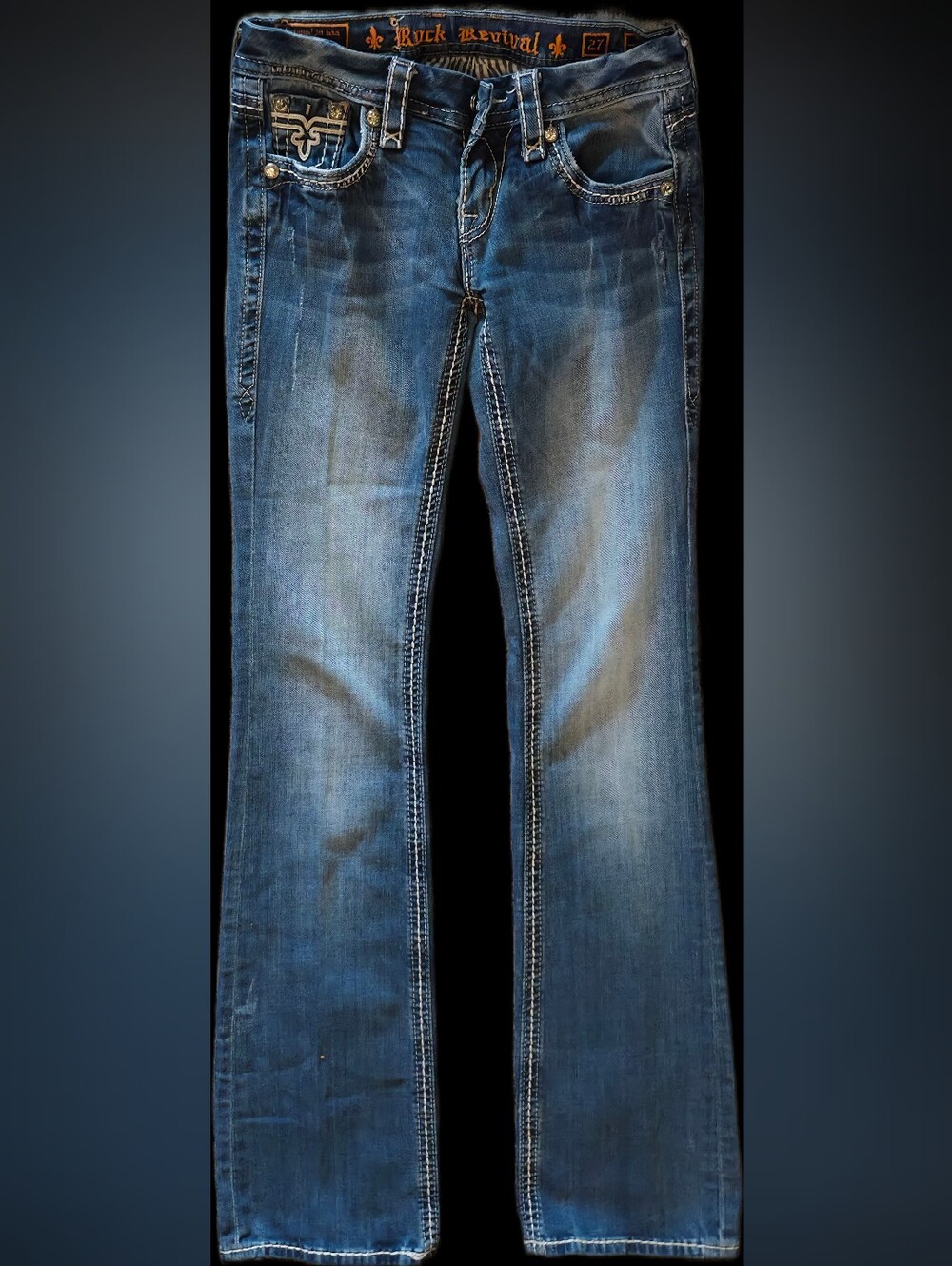 Rock Revival Blue Embellished Back Pocket Wide Leg Jeans
